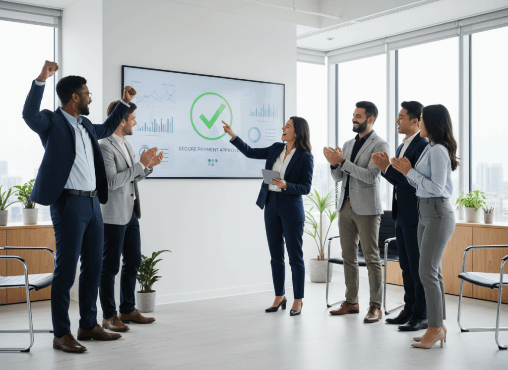 a modern fintech dashboard  and a diverse team of professionals (doctor, researcher, payments specialist) standing in the room  celebrating secure payment approvals, clean minimal business style, high detail, no text