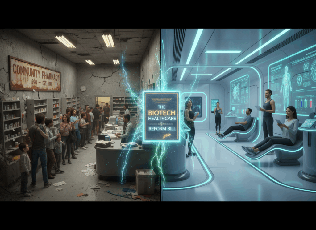 A split-screen image: on the left, a gray, outdated pharmacy with long lines and faded signage; on the right, a futuristic peptide clinic with clean AI diagnostics, bright digital signage, and smiling patients. Between the halves, a “New Bill” document floats, glowing with biotech energy.