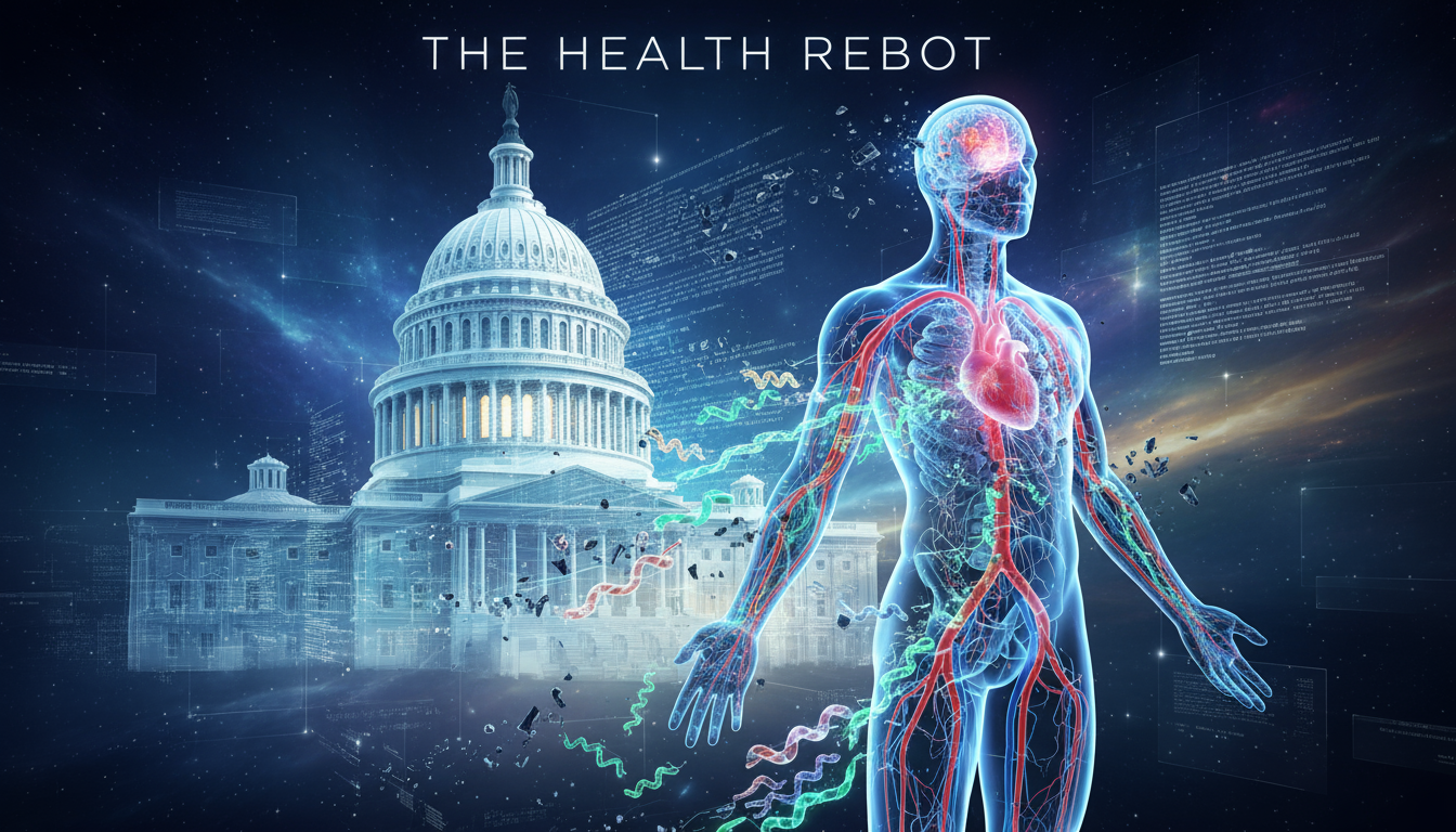 "The Health Reboot" A digital visualization of the human body being upgraded: glowing peptides streaming through arteries like code, replacing old structures. Behind the figure, binary code and legislative text scroll together into a futuristic Capitol silhouette.